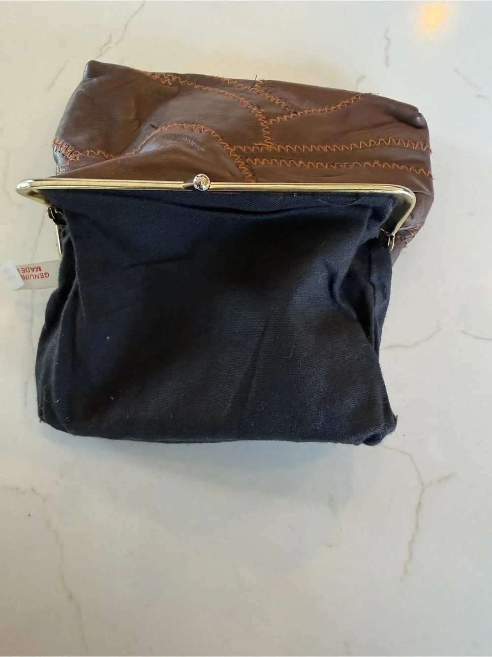 Vintage Classic Brown Leather Patchwork Kiss Lock Coin Purse